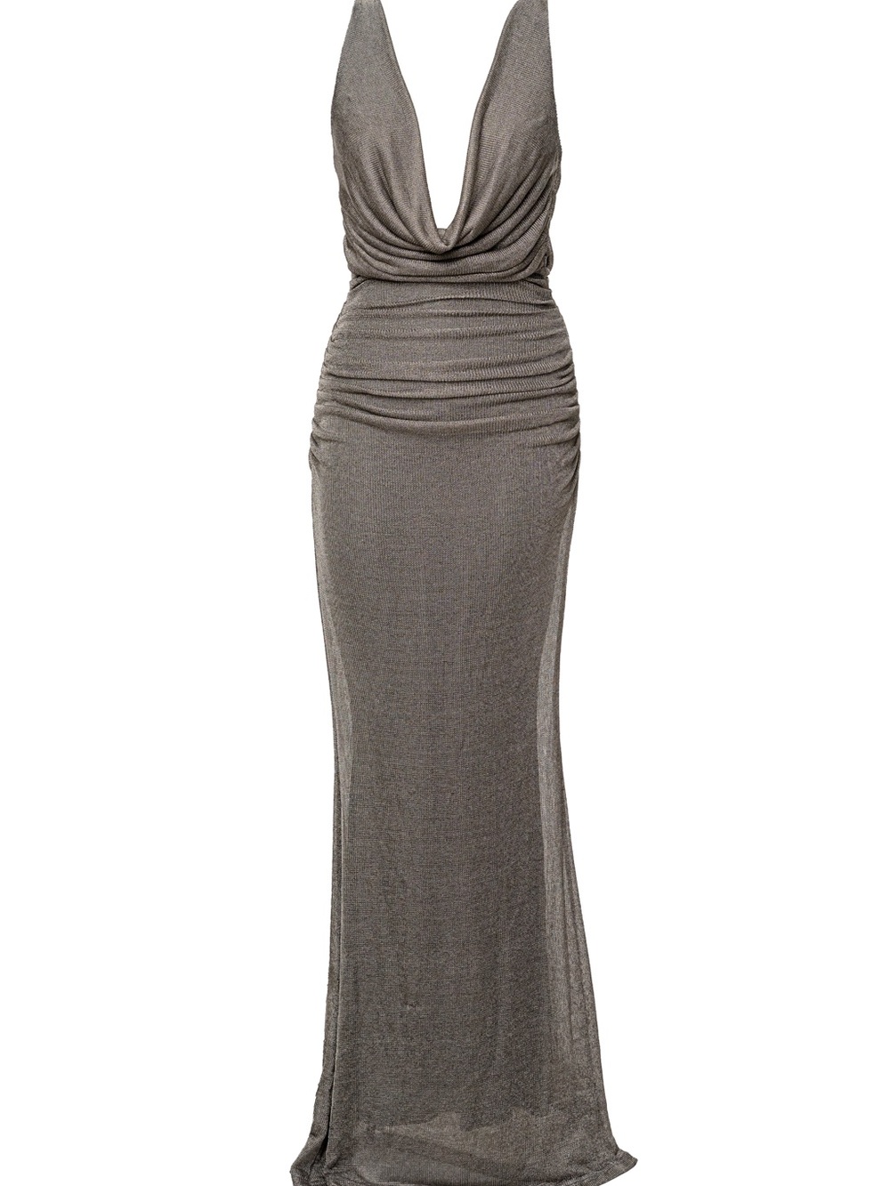 Metallic Silver-Grey Draped V-Neck Evening Gown